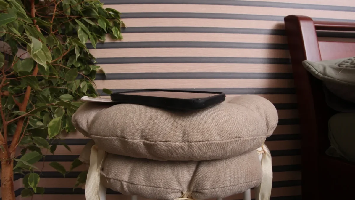 Beige cushioned stack with a black tablet resting on top, a leafy plant on the left, and a wooden-framed chair on the right against striped walls.