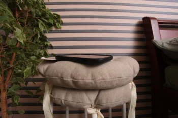 Beige cushioned stack with a black tablet resting on top, a leafy plant on the left, and a wooden-framed chair on the right against striped walls.