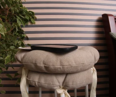 Beige cushioned stack with a black tablet resting on top, a leafy plant on the left, and a wooden-framed chair on the right against striped walls.