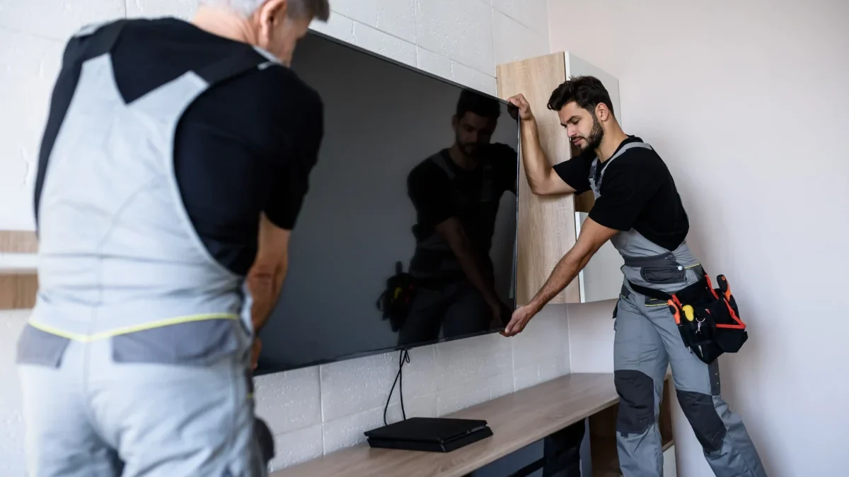 Muži instalují televizi na zeď.