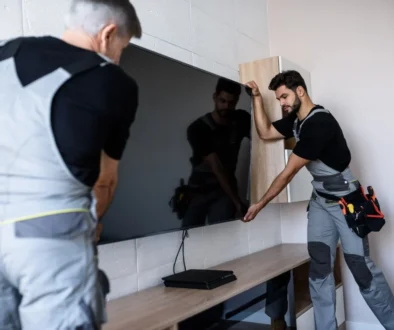 Muži instalují televizi na zeď.