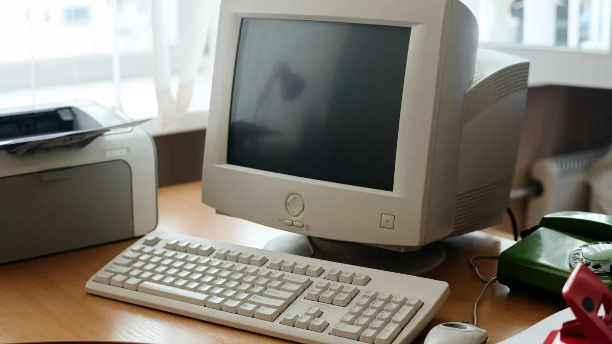 starý počítač na pracovním stole, okolo psací potřeby, myš, klávesnice a tiskárna vše bílé barvy