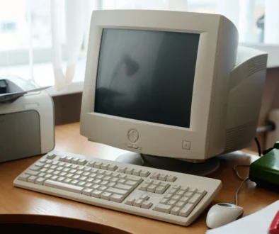 starý počítač na pracovním stole, okolo psací potřeby, myš, klávesnice a tiskárna vše bílé barvy