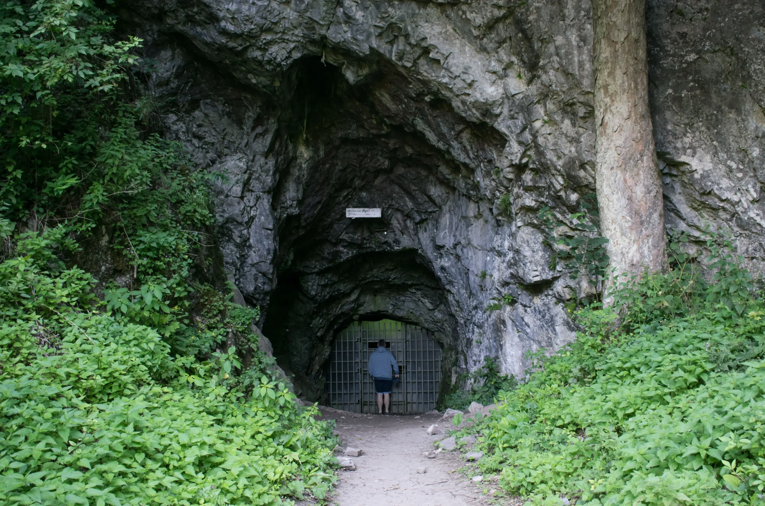 vstup do býčí skály, muž vchází do uzkého vchodu tohoto skalního masivu, který je obklopen zelení