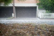 Rainy suburban scene: closed dark garage door beneath a brick facade, white fence on the right, and wet ground with scattered petals.