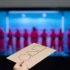 Hand holding a brown card with three empty checkboxes; blurred blue-lit stage with performers in pink outfits in the background.