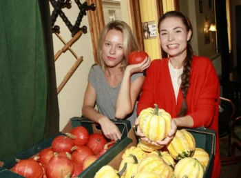 Two women at a pumpkin display, one in gray holding an orange pumpkin while the other in red holds yellow-striped pumpkins and smiles at the camera