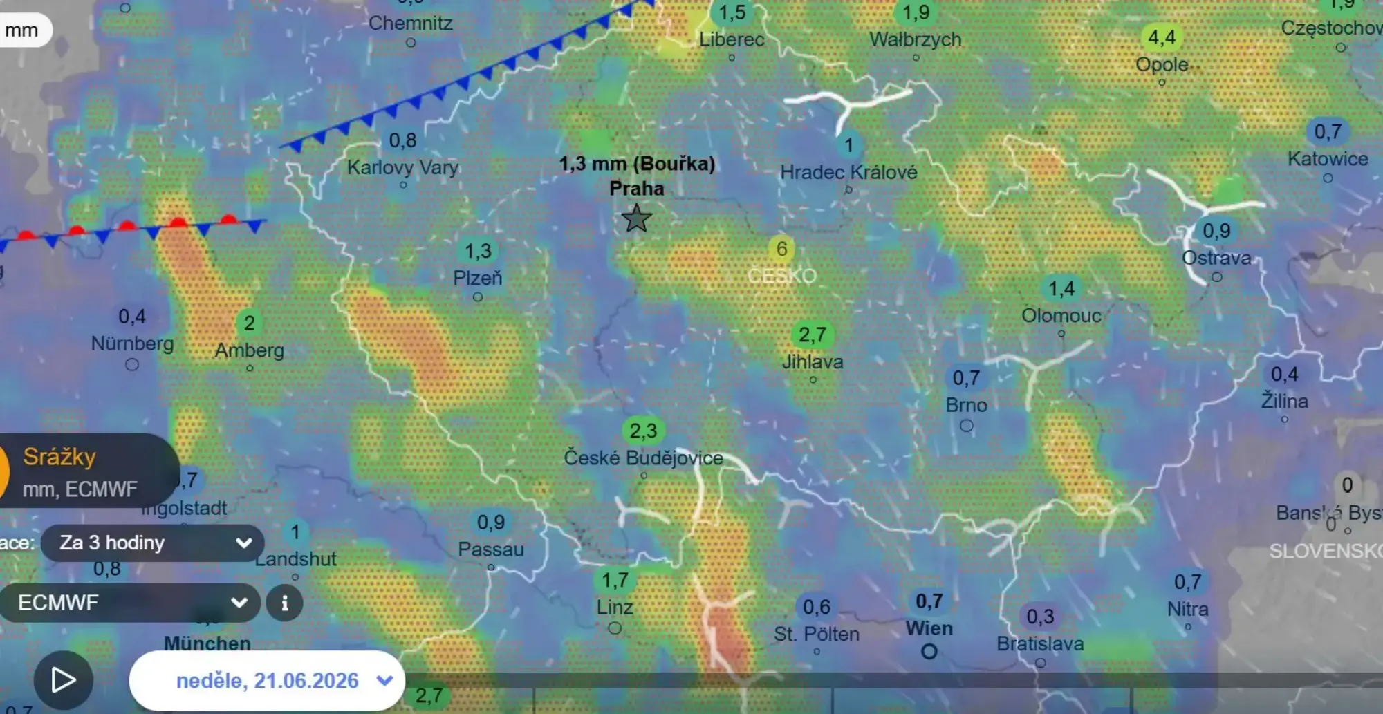 Srážky a bouřky v sobotu | TVGURU.cz Předpovědní mapa