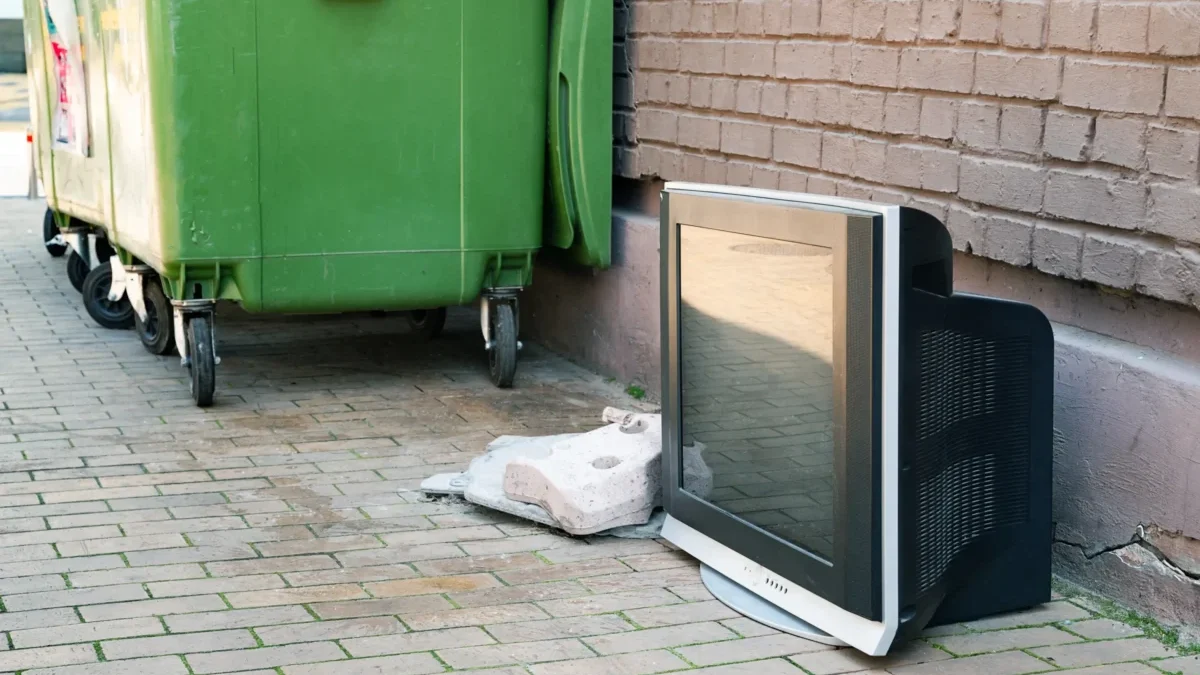 U popelnice leží televize.