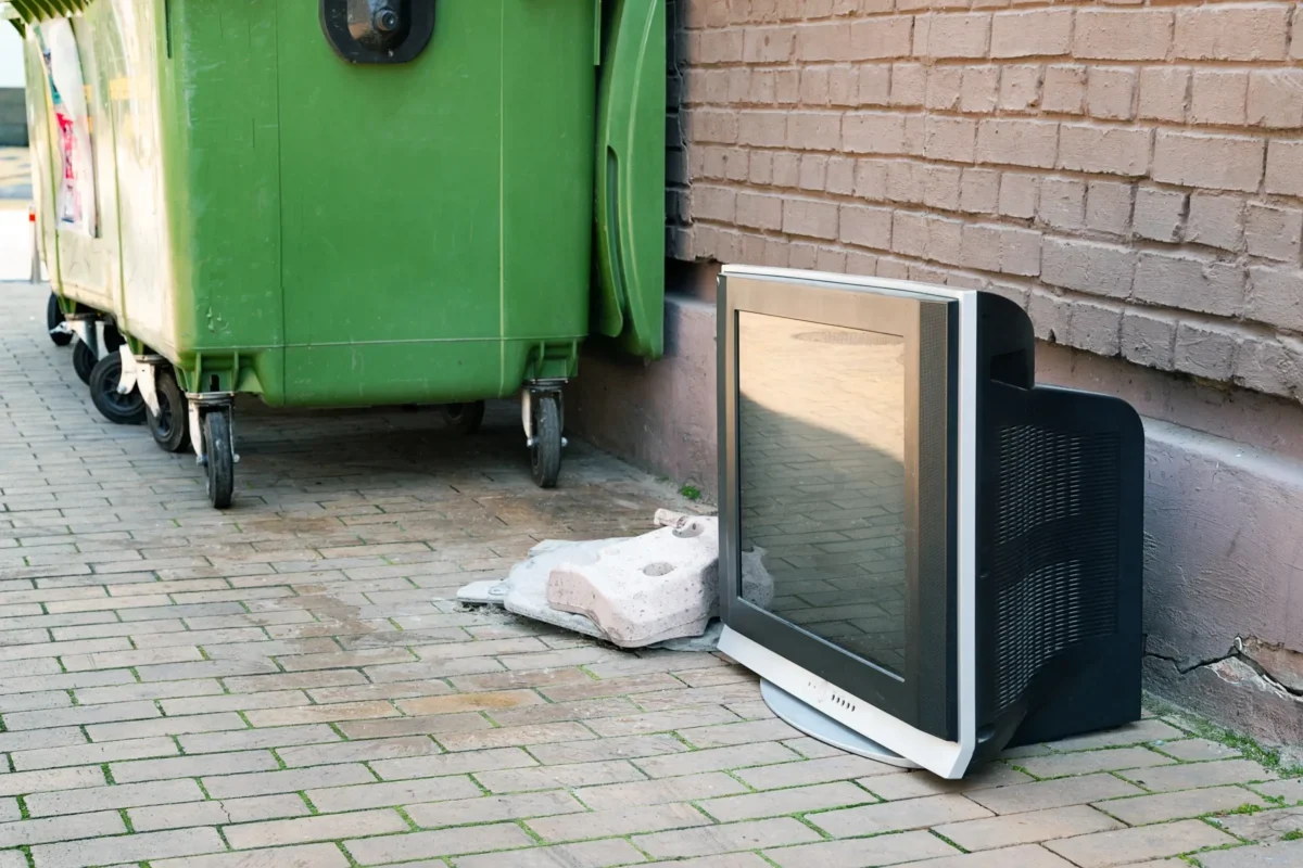 U popelnice leží televize.