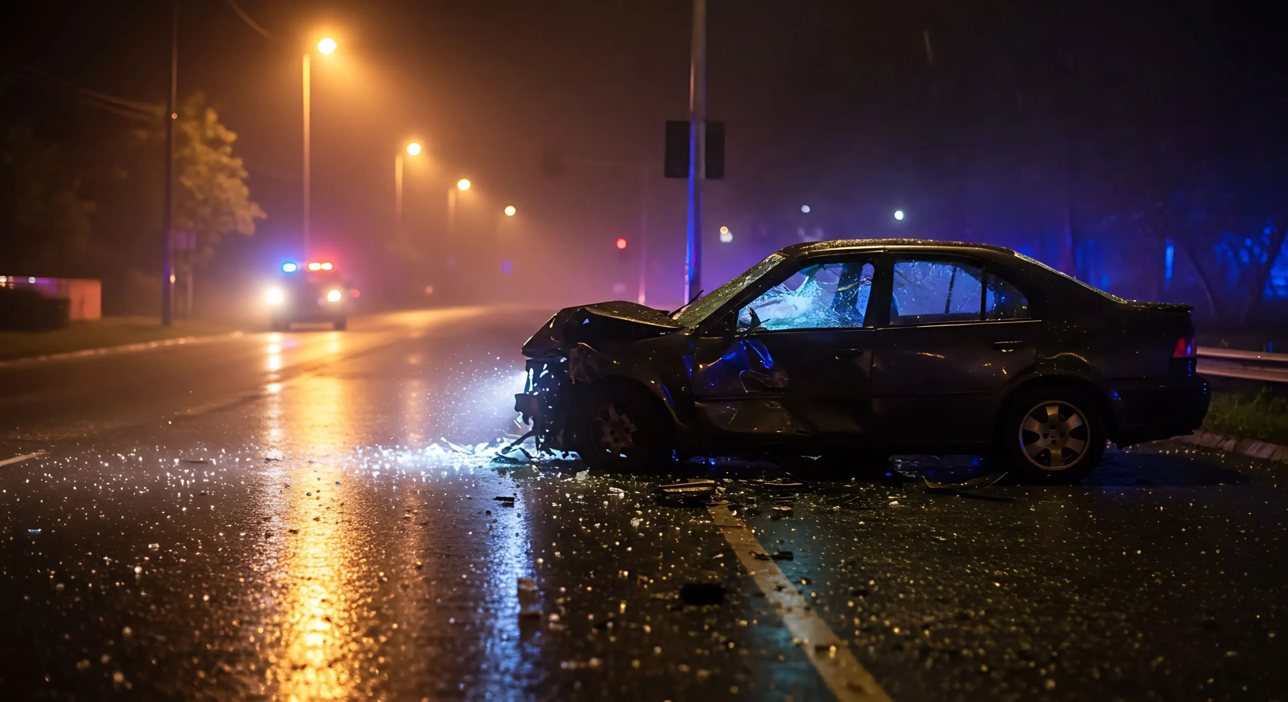 Nabourané auto na silnici v noci