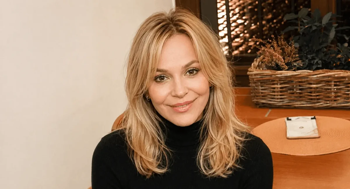 Woman with blonde hair in a black turtleneck smiling at the camera indoors.