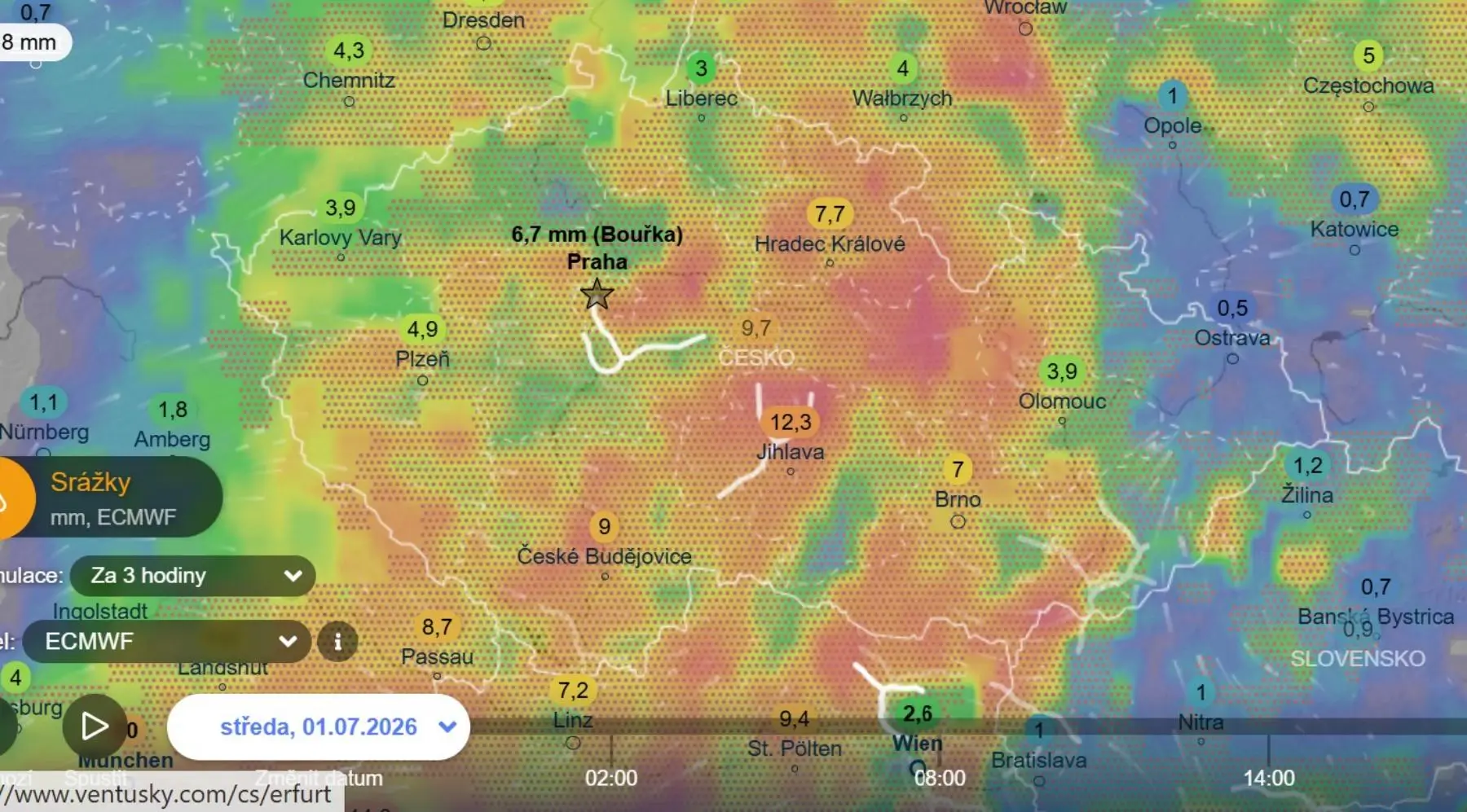 Mapa srážek a bouřek