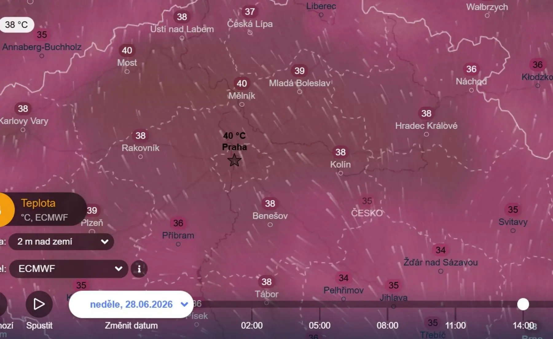 Praha a střední Čechy mohou mít čtyřicítky - bordó teplotní mapa