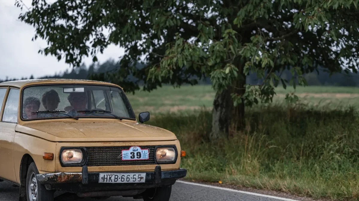 Old beige vintage car on a country road with a large tree in the background; three people visible through the windshield.