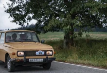 Old beige vintage car on a country road with a large tree in the background; three people visible through the windshield.