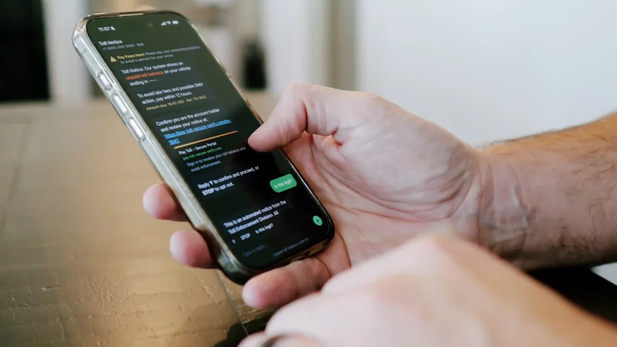 Ruka drží mobilní telefon se SMS zprávou