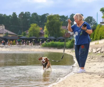Woman in a blue top stands on a sandy lakeshore, holding a leash while a dog runs into the water beside her.