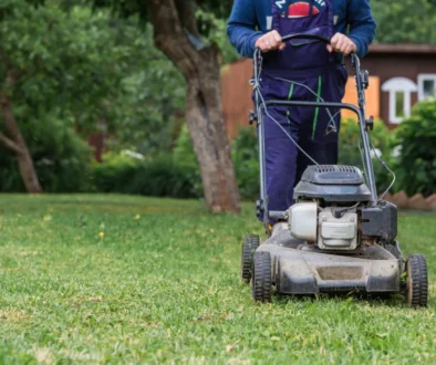 Person operating a gas-powered lawn mower on a green lawn with trees and a house in the background, in a backyard setting.