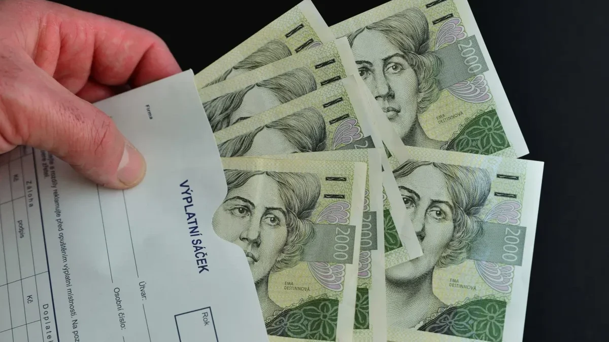 mužská ruka drží výplatní sáček s českými bankovkami