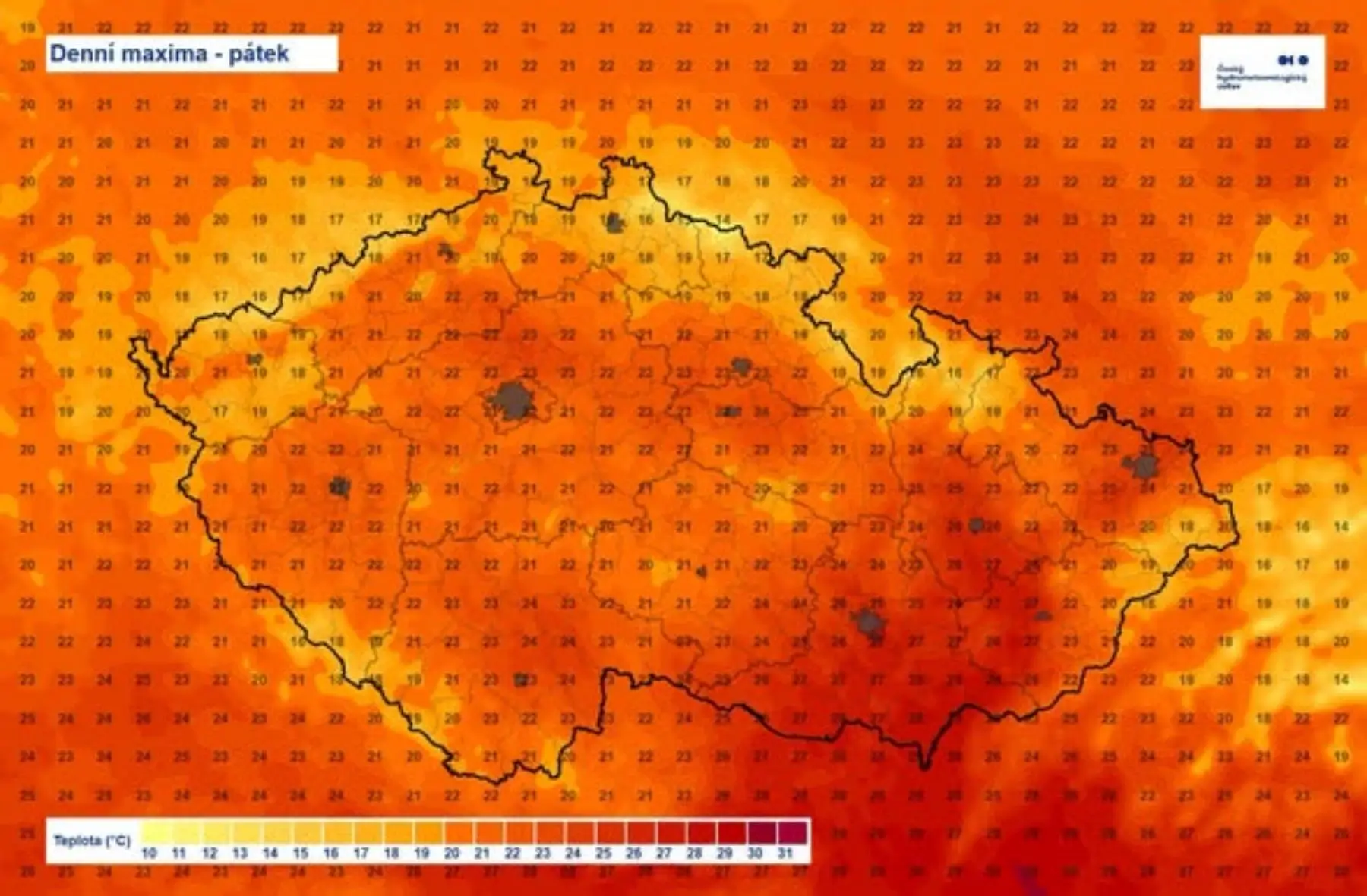Dnešní maxima v Česku - teplotní mapa ČR