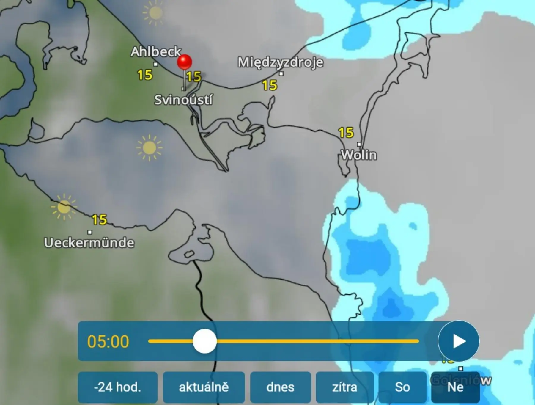 Nedělní ranní teploty na Baltském pobřeží - teplotní mapa