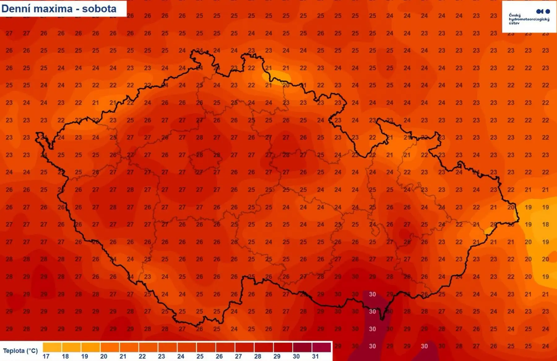 Sobotní denní maxima | TVGURU.cz Sobotní denní maxima - teplotní mapa