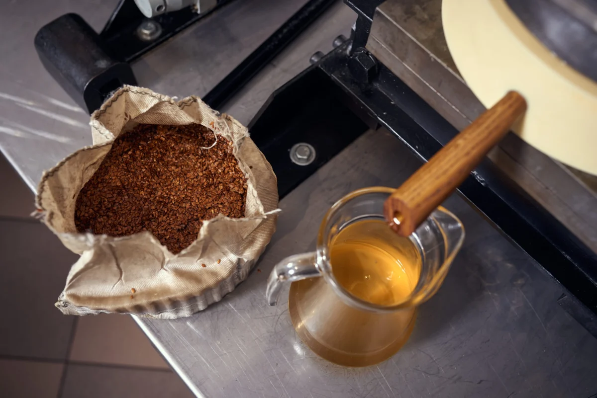 shutterstock_1965502954 1 | TVGURU.cz Open paper bag filled with flax seeds beside a glass jug of golden oil and a wooden spoon on a stainless steel counter.