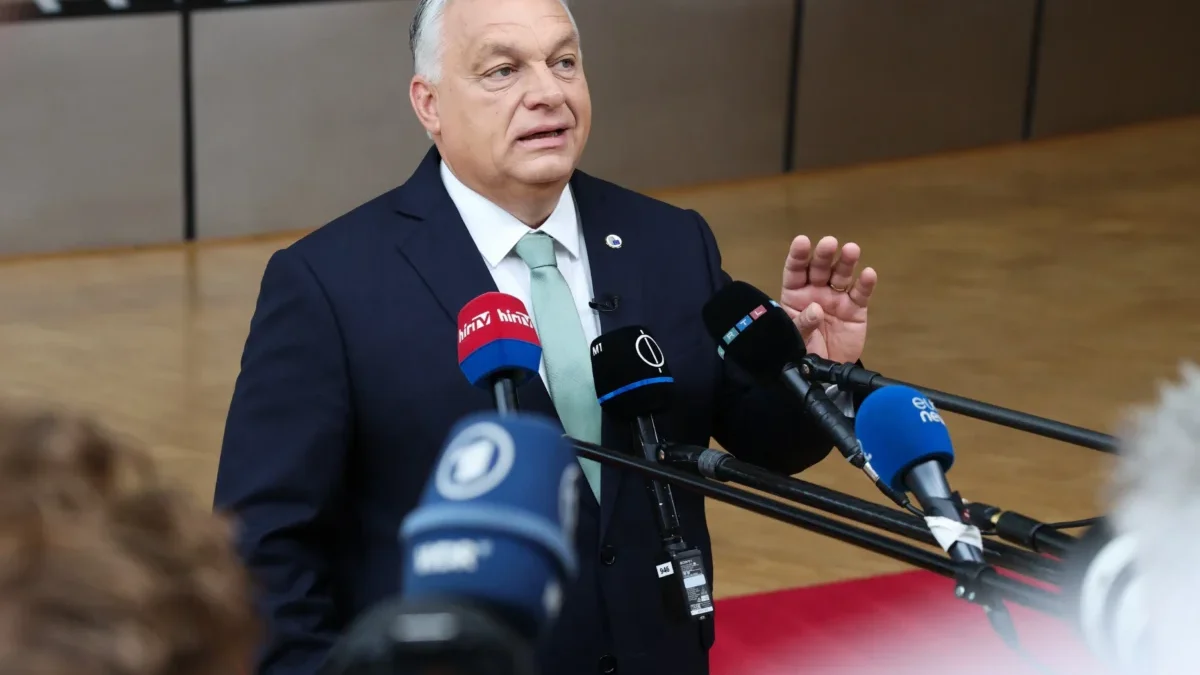 Maďarský politik mluví do mikrofonu.