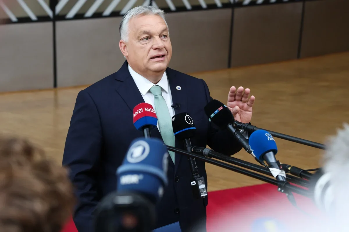 Maďarský politik mluví do mikrofonu.
