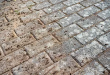 Close-up of a weathered brick sidewalk with dirt and tiny weeds growing between the gaps