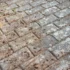 Close-up of a weathered brick sidewalk with dirt and tiny weeds growing between the gaps