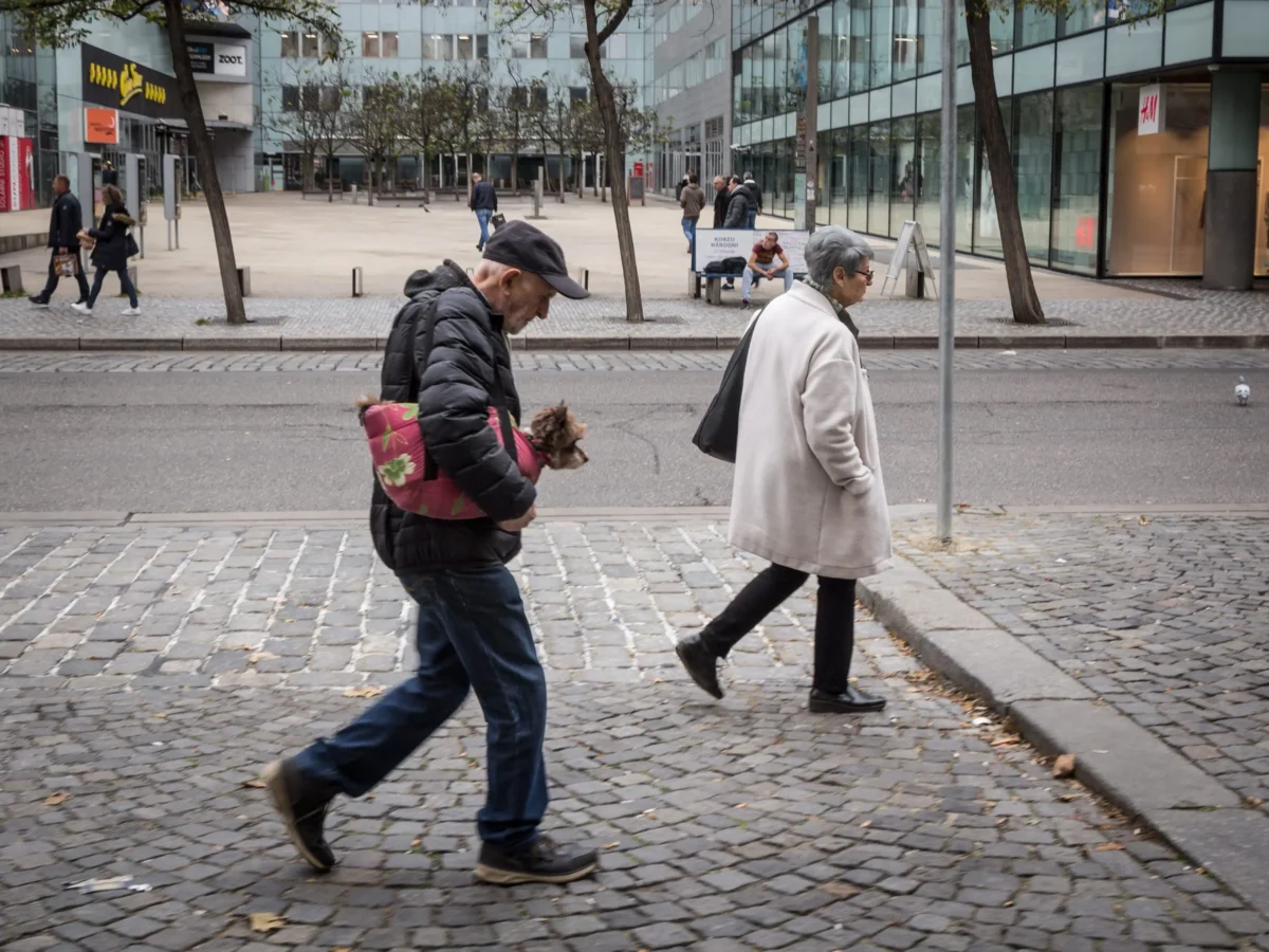 shutterstock_1743064040 1 | TVGURU.cz Two pedestrians walk across a cobblestone street in a modern city plaza; a man carries a small dog in a pink bag on the left, a woman in a light coat walks on the right, with glass storefronts in the background.