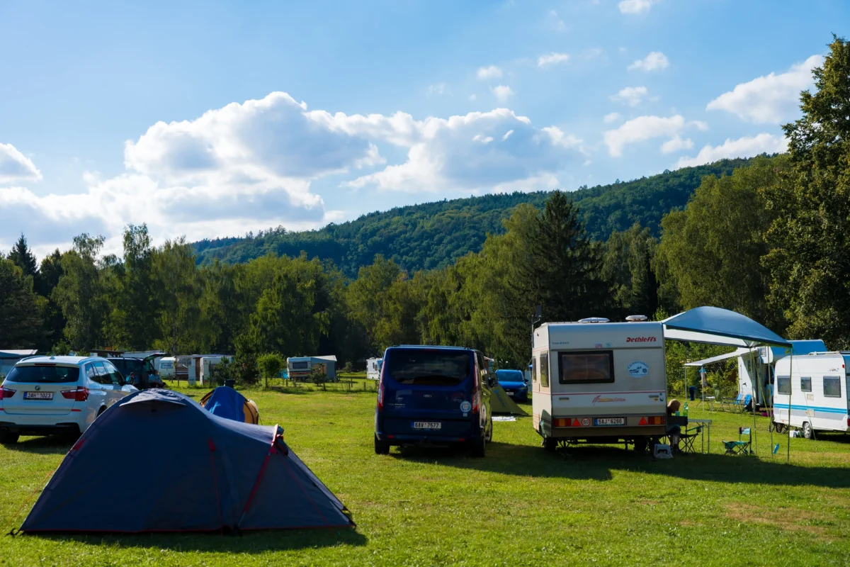 Campsite with tents, caravans, and vehicles on a grassy field beneath a blue sky and forested hills. A line of campers and tents at a sunny campground with trees and a hillside backdrop.