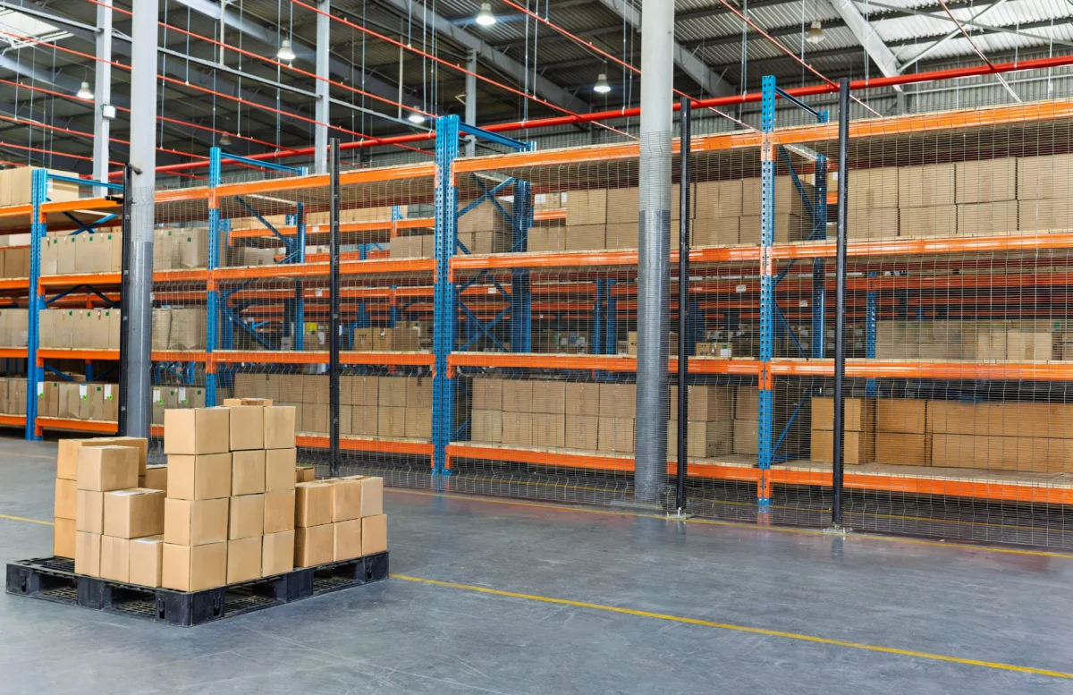 shutterstock_2689696459 1 | TVGURU.cz Interior of a warehouse with tall blue and orange pallet racks filled with cardboard boxes on both sides
