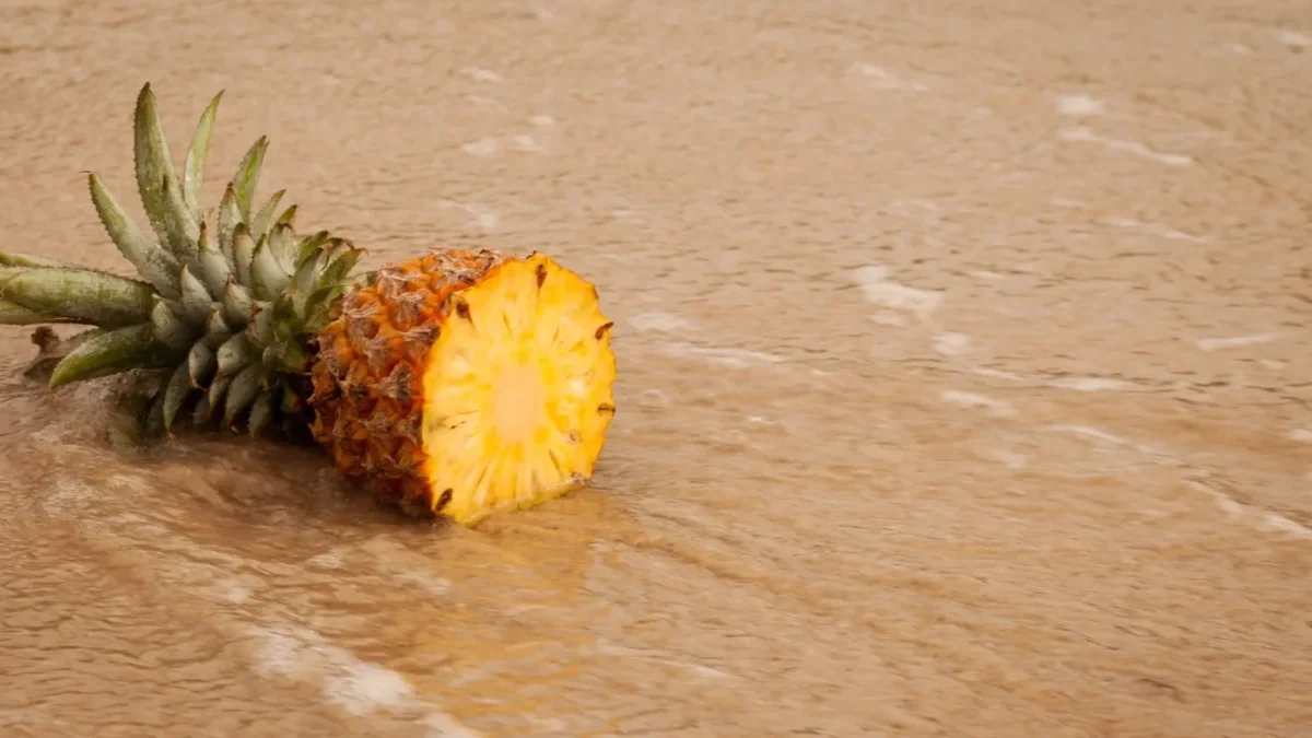 Pineapple half with green crown resting on a wooden table surface.