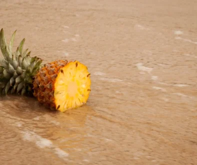Pineapple half with green crown resting on a wooden table surface.