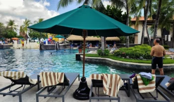 Resort pool area with striped lounge chairs under a green umbrella, palm trees, and people relaxing by the water.