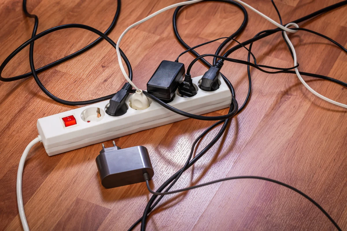shutterstock_2291437491 1 | TVGURU.cz White power strip on a wooden floor with several tangled cords and plugs plugged in.