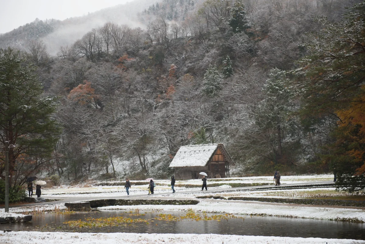 shutterstock_2681132245 1 | TVGURU.cz Snow-covered village scene with a wooden cabin, leafless trees, and people walking with umbrellas on a snowy day at the hillside edge.