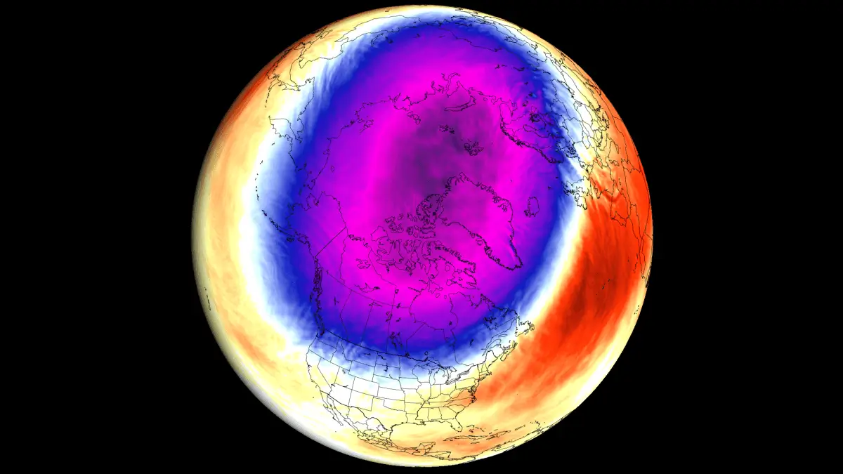 polar-vortex-disruption-north-hemisphere-early-signs-data-winter-weather-forecast-pattern-united-states-canada-2026-2027-super-el-nino-stratospheric-warming 1 | TVGURU.cz Global visualization of the Arctic with a large purple region indicating a strong polar vortex; red/orange edges and black background.