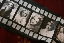 Fabric item featuring a film-strip design with black-and-white vintage Hollywood portraits of women.