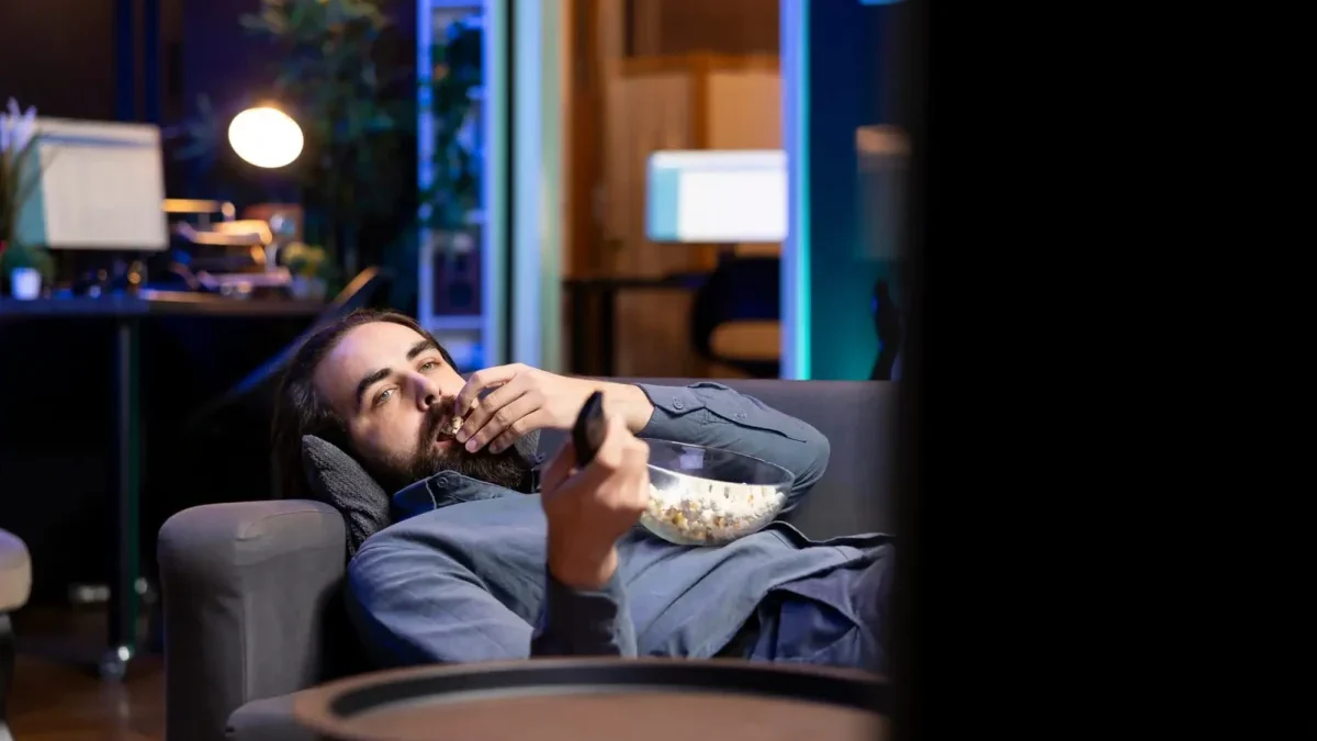 muž leží na gauči s ovladačem a popcornem a kouká na televizi