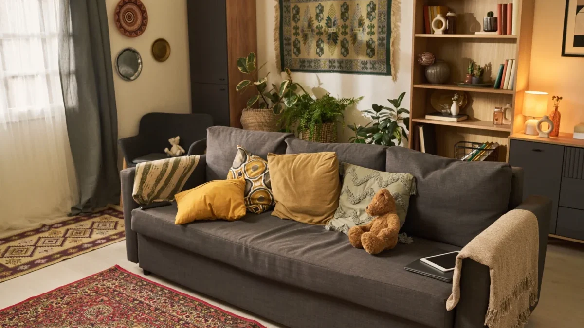 Cozy living room with a gray sofa, mustard and patterned cushions, and a woven rug on the floor.