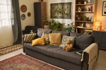 Cozy living room with a gray sofa, mustard and patterned cushions, and a woven rug on the floor.