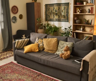 Cozy living room with a gray sofa, mustard and patterned cushions, and a woven rug on the floor.