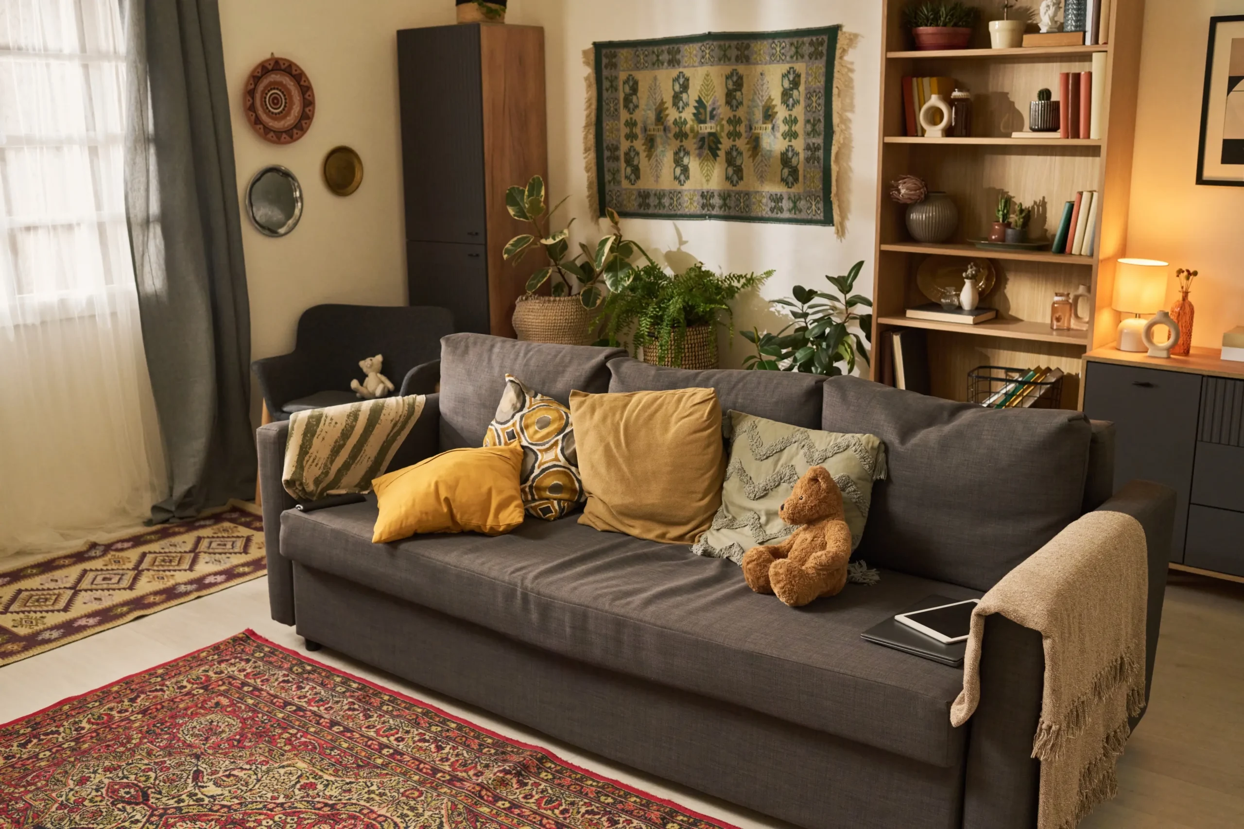 Cozy living room with a gray sofa, mustard and patterned cushions, and a woven rug on the floor.