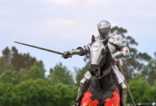 Knight in full plate armor on a horse, sword drawn, outdoors in a grassy area.