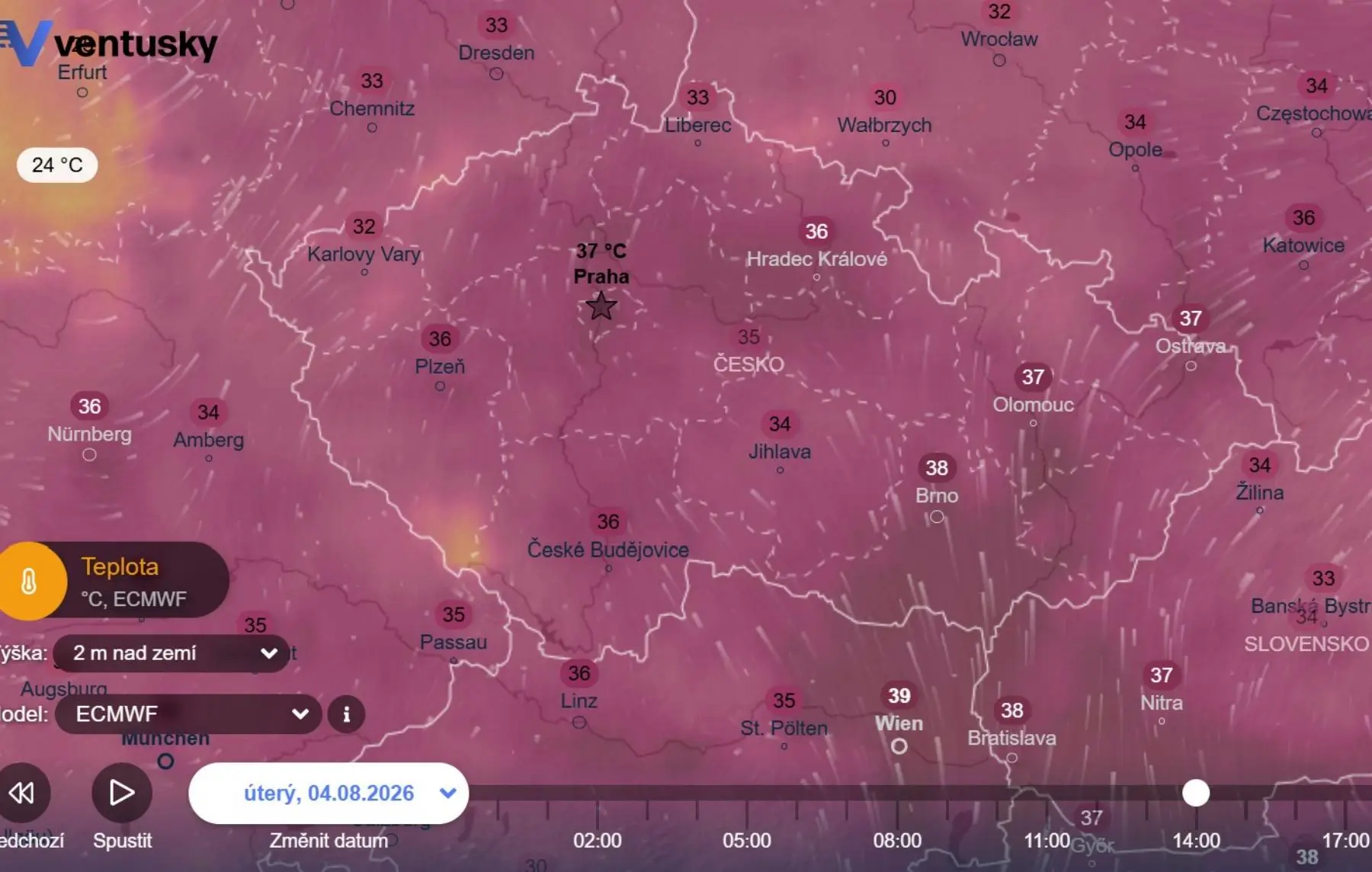 Teploty v tomto týdnu ve střední Evropě - mapa