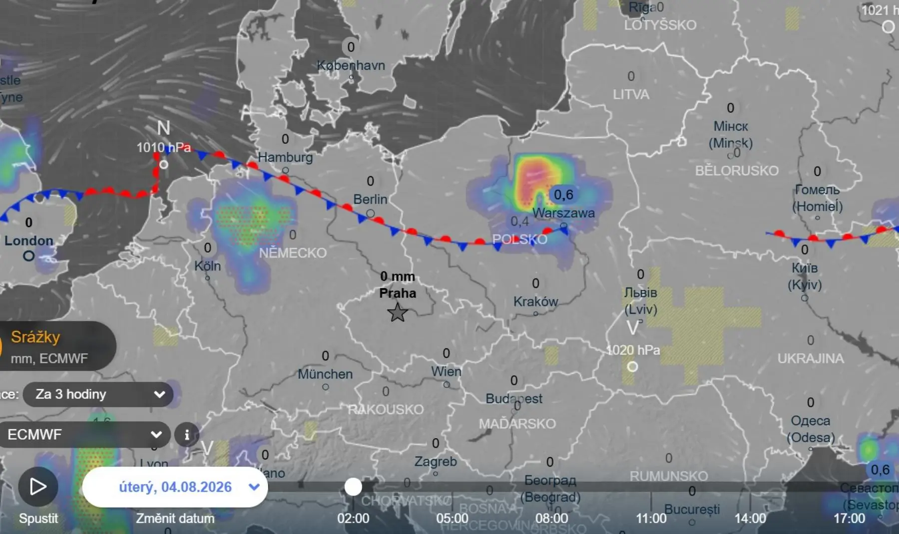 V noci na úterý první srážky v Německu a Polsku - mapa